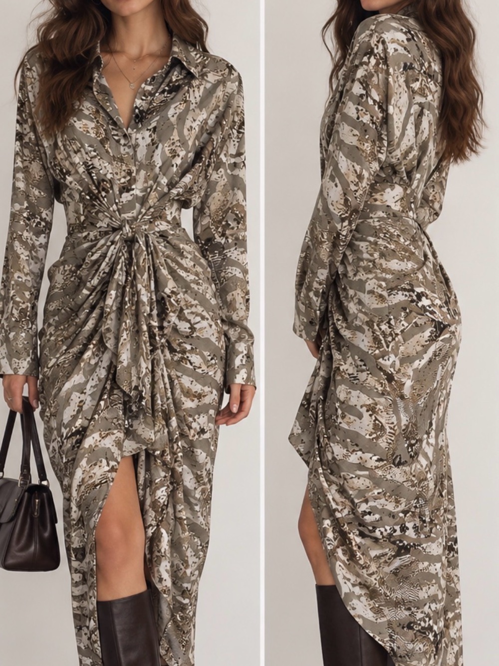 MABLE Animal Print Draped Maxi Shirt Dress Y2K Neutral Safari Size S